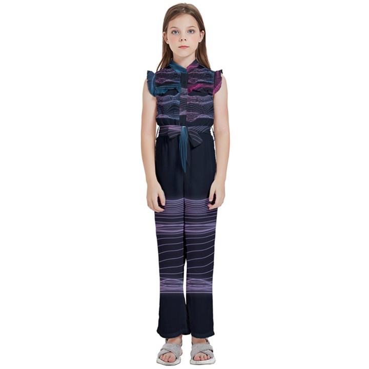 Abstract Wave Digital Design Space Energy Fractal Kids  Sleeveless Ruffle Edge Band Collar Chiffon One Piece