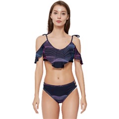 Abstract Wave Digital Design Space Energy Fractal Ruffle Edge Tie Up Bikini Set	