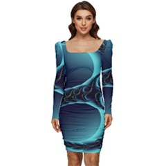 Fractal Abstract Art Artwork Design Wallpaper Women Long Sleeve Ruched Stretch Jersey Dress by Ravend