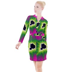 Fractal Art Math Abstract Artwork Pink Magenta Button Long Sleeve Dress by Ravend