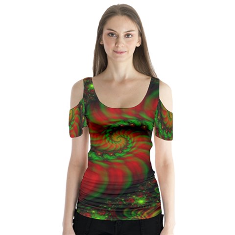 Fractal Green Red Spiral Happiness Vortex Spin Butterfly Sleeve Cutout Tee  by Ravend