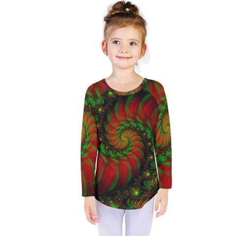 Fractal Green Red Spiral Happiness Vortex Spin Kids  Long Sleeve Tee by Ravend