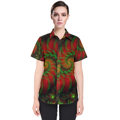 Fractal Green Red Spiral Happiness Vortex Spin Women s Short Sleeve Shirt by Ravend