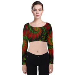 Fractal Green Red Spiral Happiness Vortex Spin Velvet Long Sleeve Crop Top by Ravend