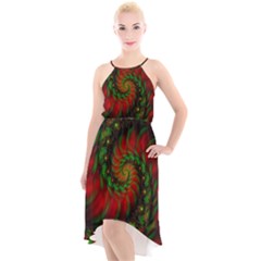 Fractal Green Red Spiral Happiness Vortex Spin High-low Halter Chiffon Dress  by Ravend