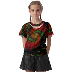 Fractal Green Red Spiral Happiness Vortex Spin Kids  Front Cut Tee by Ravend