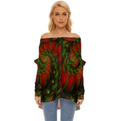 Fractal Green Red Spiral Happiness Vortex Spin Off Shoulder Chiffon Pocket Shirt by Ravend