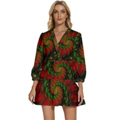 Fractal Green Red Spiral Happiness Vortex Spin V-neck Placket Mini Dress