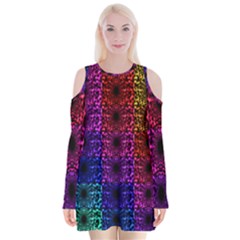 Rainbow Grid Form Abstract Background Graphic Velvet Long Sleeve Shoulder Cutout Dress by Ravend