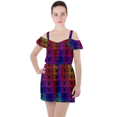 Rainbow Grid Form Abstract Background Graphic Ruffle Cut Out Chiffon Playsuit by Ravend