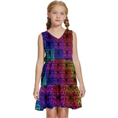 Rainbow Grid Form Abstract Background Graphic Kids  Sleeveless Tiered Mini Dress by Ravend