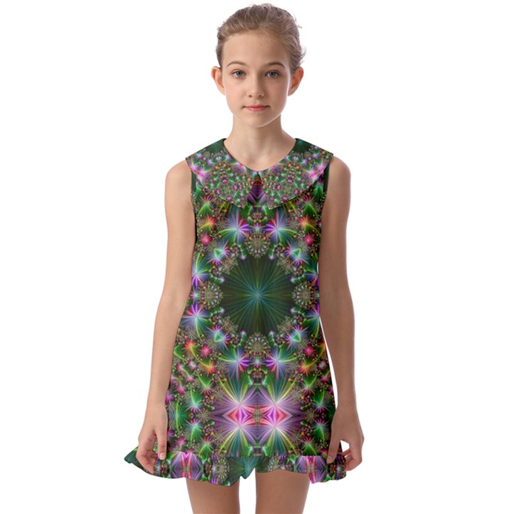 Kaleidoscope Digital Kaleidoscope Fractal Mirrored Kids  Pilgrim Collar Ruffle Hem Dress