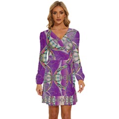 Abstract Colorful Art Pattern Design Fractal Long Sleeve Waist Tie Ruffle Velvet Dress