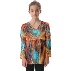 Fractal Math Abstract Mysterious Mystery Vortex Kids  V Neck Casual Top by Ravend