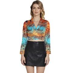 Fractal Math Abstract Mysterious Mystery Vortex Long Sleeve Tie Back Satin Wrap Top by Ravend