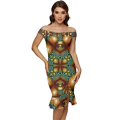 Background Abstract Fractal Annotation Texture Off Shoulder Ruffle Split Hem Bodycon Dress by Ravend