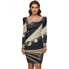 Space Futuristic Technology Digital Ai Generated Women Long Sleeve Ruched Stretch Jersey Dress by Ravend