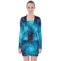 Spiral Stars Fractal Cosmos Explosion Big Bang V-neck Bodycon Long Sleeve Dress by Ravend