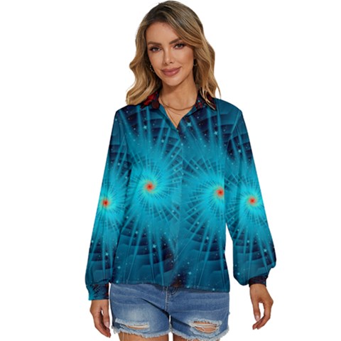 Spiral Stars Fractal Cosmos Explosion Big Bang Women s Long Sleeve Button Down Shirt by Ravend