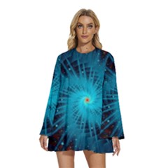 Spiral Stars Fractal Cosmos Explosion Big Bang Round Neck Long Sleeve Bohemian Style Chiffon Mini Dress