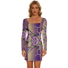 Fractal Abstract Digital Art Art Colorful Long Sleeve Square Neck Bodycon Velvet Dress