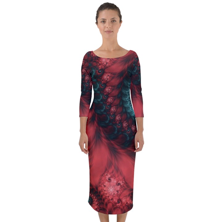 Fractal Spiral Vortex Pattern Art Digital Quarter Sleeve Midi Bodycon Dress