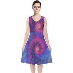 Fractal Fractals Spiral Vortex Blue Dark Art V-neck Midi Sleeveless Dress 