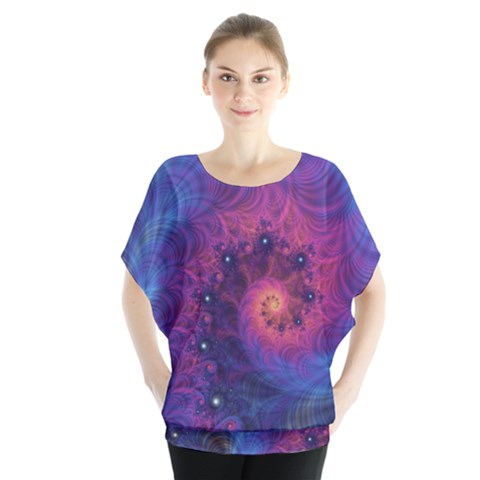 Fractal Fractals Spiral Vortex Blue Dark Art Batwing Chiffon Blouse by Ravend