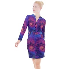 Fractal Fractals Spiral Vortex Blue Dark Art Button Long Sleeve Dress by Ravend