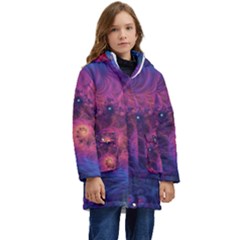 Fractal Fractals Spiral Vortex Blue Dark Art Kid s Hooded Longline Puffer Jacket by Ravend