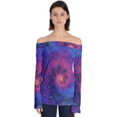 Fractal Fractals Spiral Vortex Blue Dark Art Off Shoulder Long Sleeve Top by Ravend