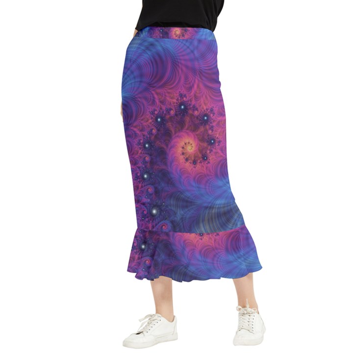 Fractal Fractals Spiral Vortex Blue Dark Art Maxi Fishtail Chiffon Skirt