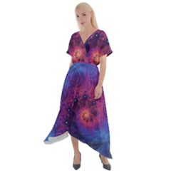 Fractal Fractals Spiral Vortex Blue Dark Art Cross Front Sharkbite Hem Maxi Dress by Ravend