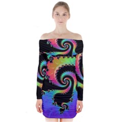 Fractal Spiral Vortex Swirl Whirlpool Math Long Sleeve Off Shoulder Dress by Ravend