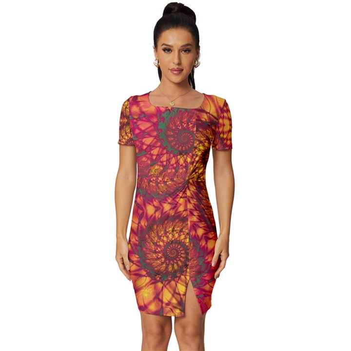 Art Pattern Fractal Design Abstract Artwork Fitted Knot Split End Bodycon Dress