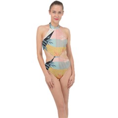 Leaves Pattern Design Colorful Decorative Texture Halter Side Cut Swimsuit by Ravend