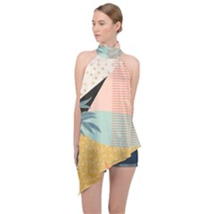 Leaves Pattern Design Colorful Decorative Texture Halter Asymmetric Satin Top by Ravend