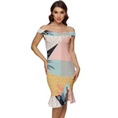 Leaves Pattern Design Colorful Decorative Texture Off Shoulder Ruffle Split Hem Bodycon Dress