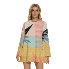 Leaves Pattern Design Colorful Decorative Texture Round Neck Long Sleeve Bohemian Style Chiffon Mini Dress