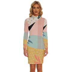 Leaves Pattern Design Colorful Decorative Texture Long Sleeve Shirt Collar Bodycon Dress