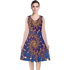 Fractal Spiral Art Pattern Blue Design V-neck Midi Sleeveless Dress  by Ravend