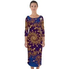 Fractal Spiral Art Pattern Blue Design Quarter Sleeve Midi Bodycon Dress by Ravend