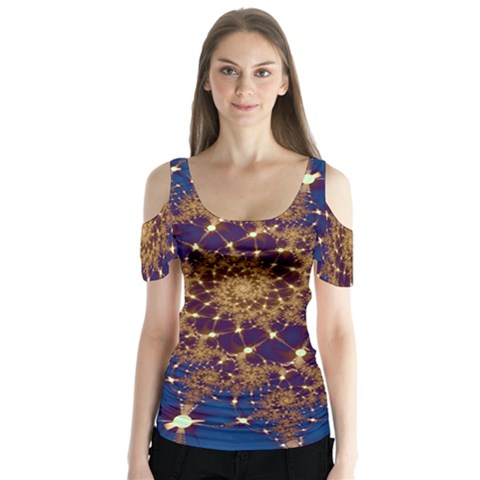 Fractal Spiral Art Pattern Blue Design Butterfly Sleeve Cutout Tee  by Ravend