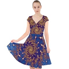 Fractal Spiral Art Pattern Blue Design Cap Sleeve Front Wrap Midi Dress by Ravend