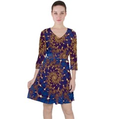 Fractal Spiral Art Pattern Blue Design Quarter Sleeve Ruffle Waist Dress by Ravend