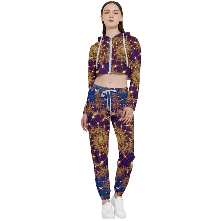 Fractal Spiral Art Pattern Blue Design Cropped Zip Up Lounge Set