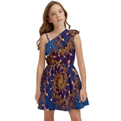 Fractal Spiral Art Pattern Blue Design Kids  One Shoulder Party Dress by Ravend