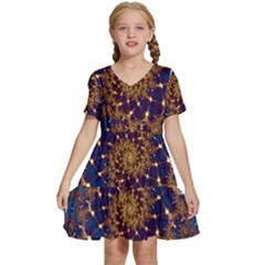 Fractal Spiral Art Pattern Blue Design Kids  Short Sleeve Tiered Mini Dress by Ravend