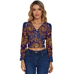 Fractal Spiral Art Pattern Blue Design Long Sleeve V-neck Top