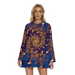 Fractal Spiral Art Pattern Blue Design Round Neck Long Sleeve Bohemian Style Chiffon Mini Dress by Ravend